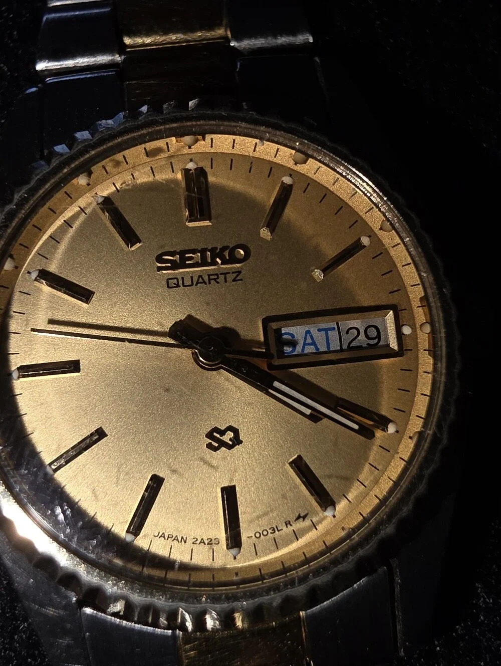 VTG Seiko SQ Gold Plated Fluted Bezel Two Tone English French Day Date Works